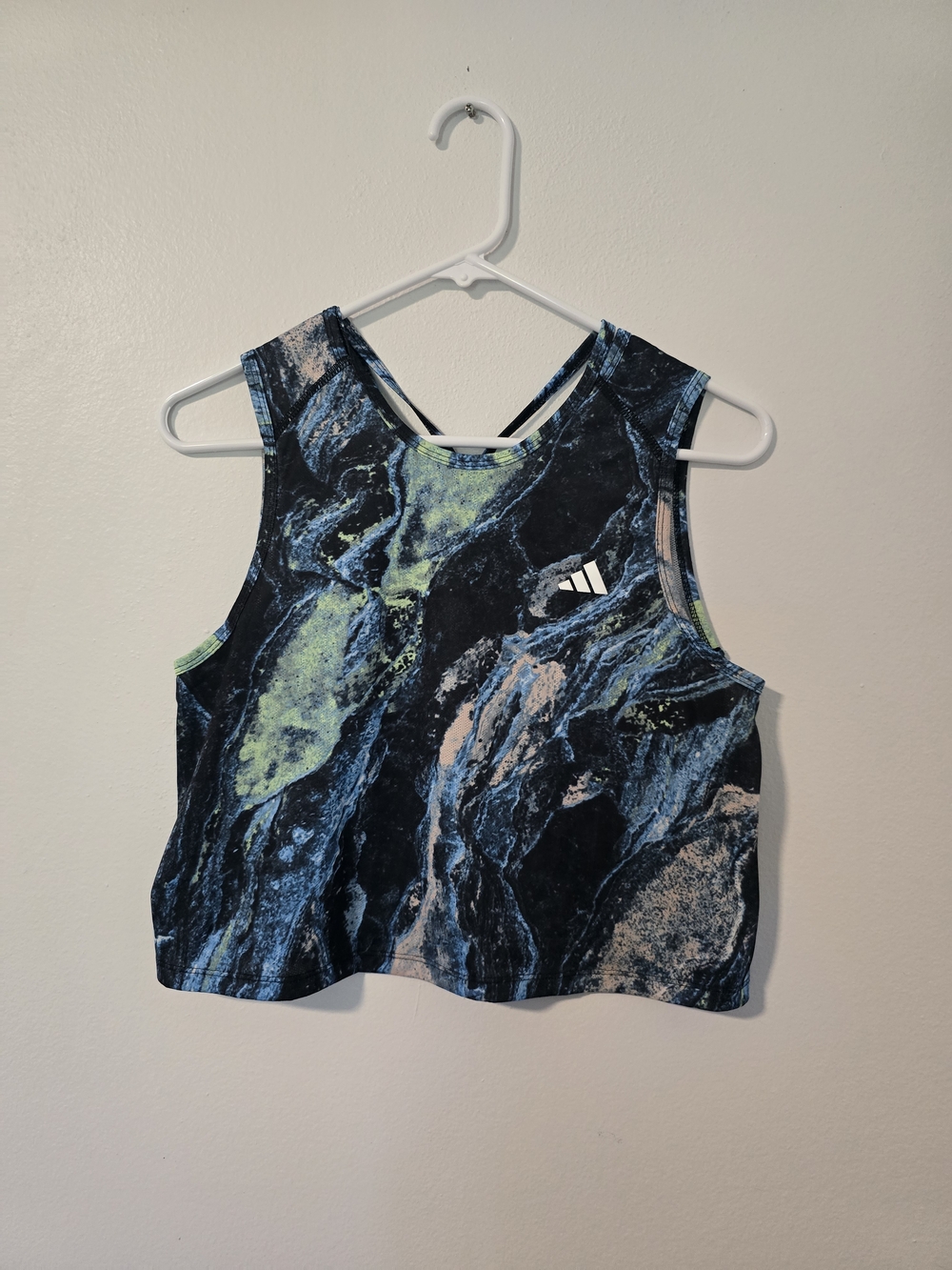 Adidas Black Marble-Print Cropped Tank with Blue and Green Accents Airchill